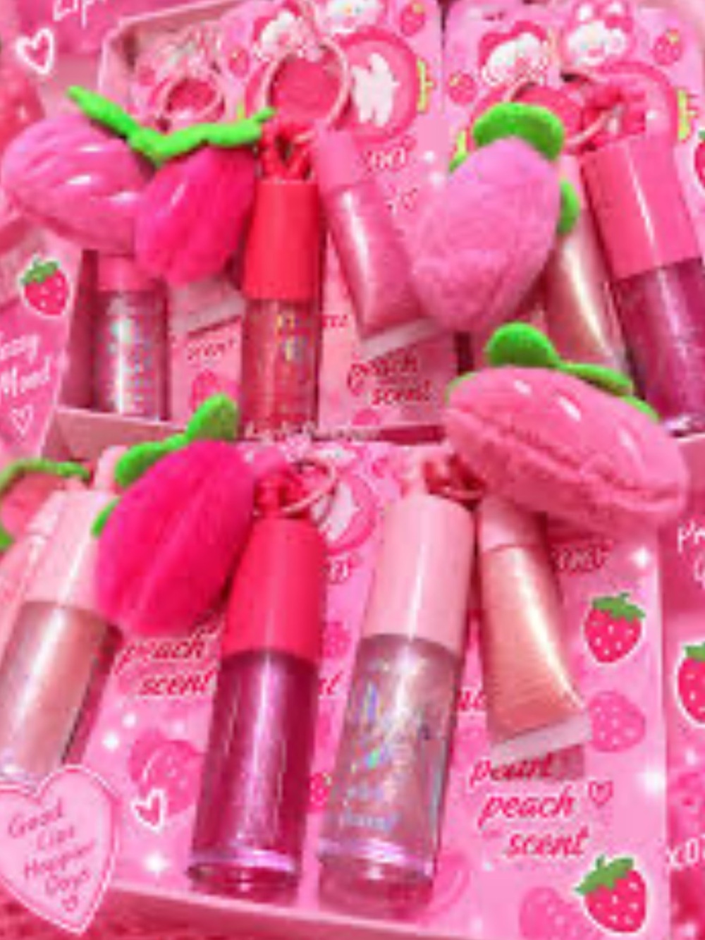 Strawberry Keychain Lip Gloss Set - Icy Pink